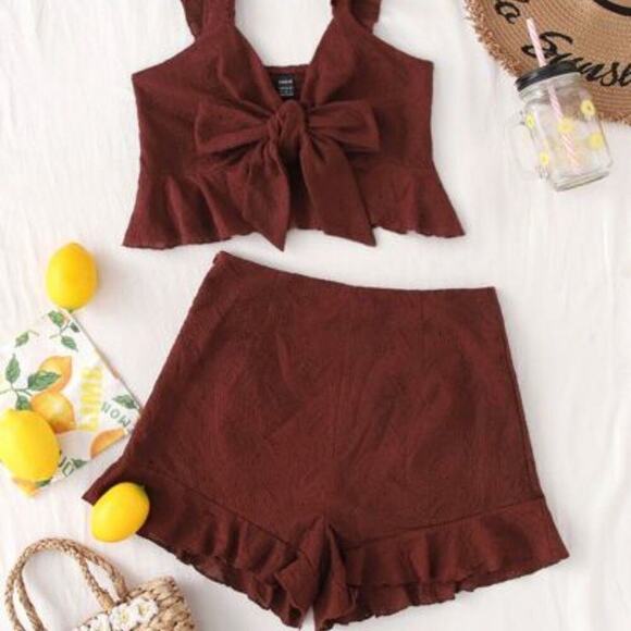 Eyelet Embroidery Ruffle Trim Knot Front Cami Top & Shorts Set SZ 4 chocolate - Picture 5 of 14